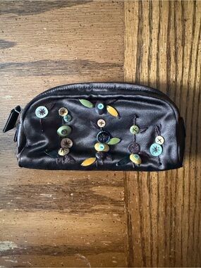 Prada Brown Satin Embroidered Button Cosmetic Pouch with Mirror